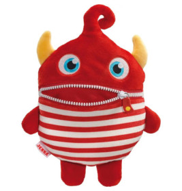 Rotes Plüschtier mit gelben Hörnern, blauen Augen, gestreiftem Körper und Reißverschlussmund steht aufrecht.