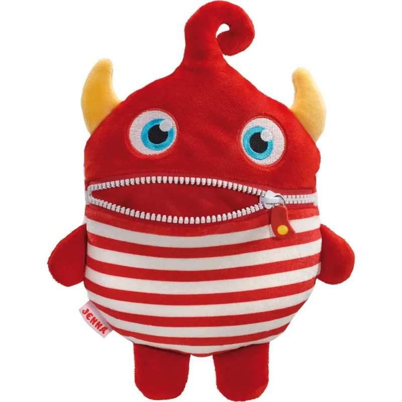 Rotes Plüschtier mit gelben Hörnern, blauen Augen, gestreiftem Körper und Reißverschlussmund steht aufrecht.