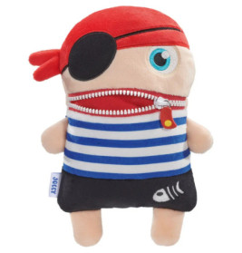 Piraten-Plüschfigur mit Augenklappe, gestreiftem Shirt und Reißverschluss am Mund.