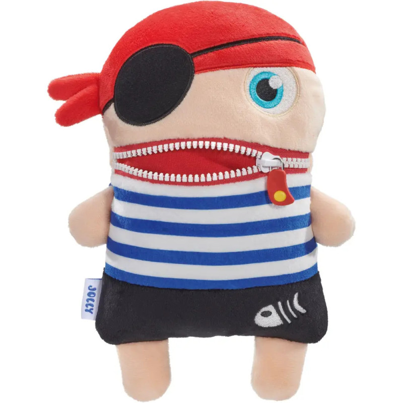Piraten-Plüschfigur mit Augenklappe, gestreiftem Shirt und Reißverschluss am Mund.