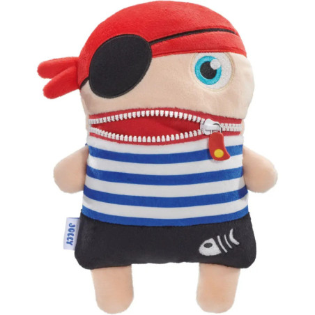 Piraten-Plüschfigur mit Augenklappe, gestreiftem Shirt und Reißverschluss am Mund.