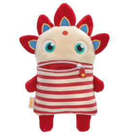 Plüschfigur mit großen Augen, roten Stacheln, gestreiftem Körper und Reißverschlussmund.