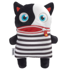 Plüsch-Katze mit schwarzer und weißer Seite, blauen Augen, gestreiftem Körper und Reißverschlussmund.