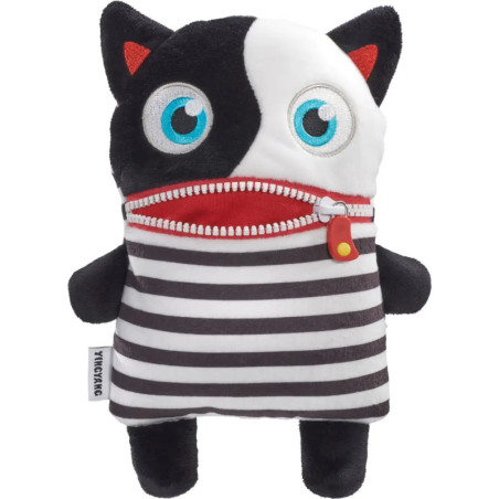 Plüsch-Katze mit schwarzer und weißer Seite, blauen Augen, gestreiftem Körper und Reißverschlussmund.