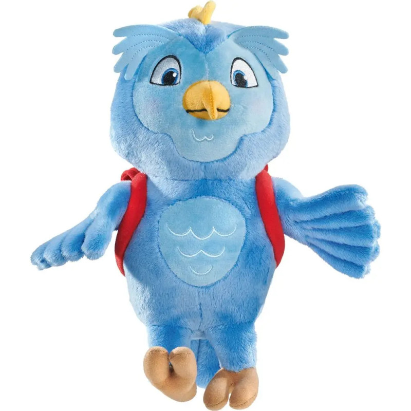 Blaue Plüsch-Eule mit gelbem Schnabel, rotem Rucksack und ausgebreiteten Flügeln, lächelnd.