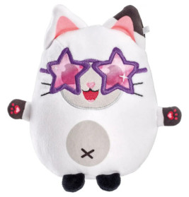 Plüschweiße Katzenspielzeugfigur mit sternförmiger lila Sonnenbrille, rosa Ohren und lächelndem Gesicht.