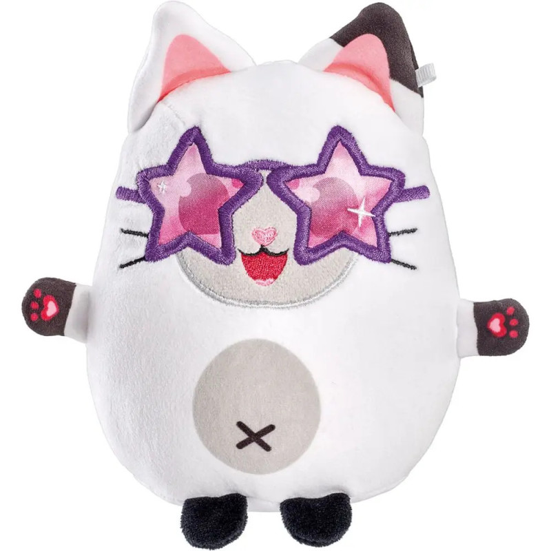 Plüschweiße Katzenspielzeugfigur mit sternförmiger lila Sonnenbrille, rosa Ohren und lächelndem Gesicht.