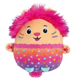 Rundes, buntes Stofftier mit rosa Fell, regenbogenfarbenen Flecken und niedlichem, tierähnlichem Gesicht.