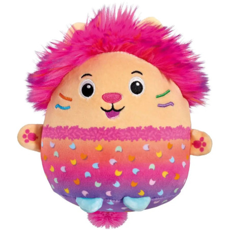 Rundes, buntes Stofftier mit rosa Fell, regenbogenfarbenen Flecken und niedlichem, tierähnlichem Gesicht.