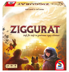 Ziggurat-Spielschachtel zeigt Abenteurer, die einen mystisch leuchtenden Stufentempel betreten.