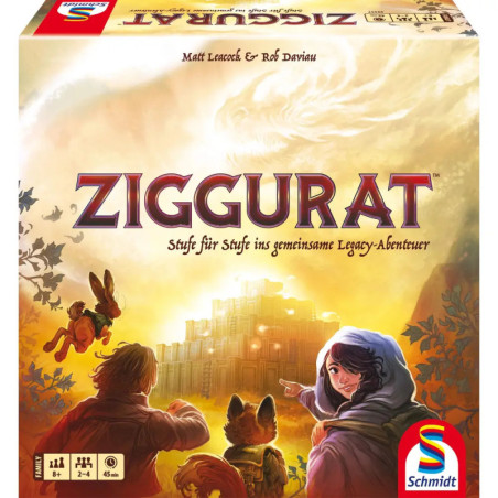 Ziggurat-Spielschachtel zeigt Abenteurer, die einen mystisch leuchtenden Stufentempel betreten.