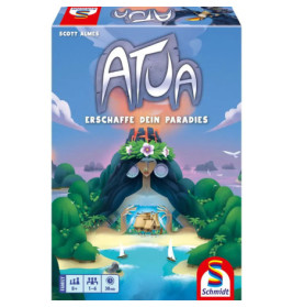 Spielschachtel von Atua mit einer Insel in Gesichtsform, tropischer Landschaft und dem Schmidt-Logo.