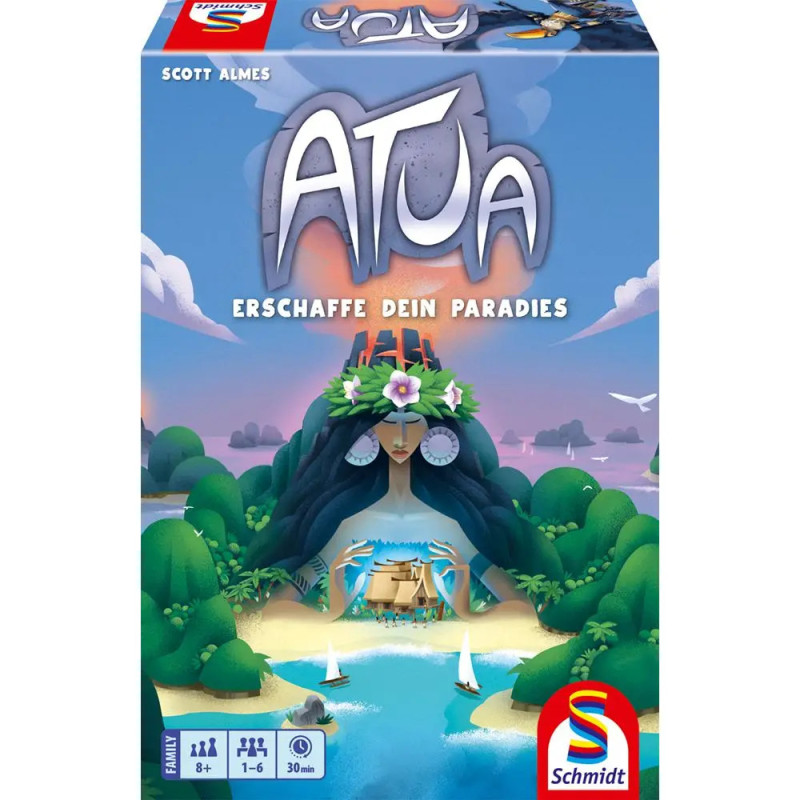 Spielschachtel von Atua mit einer Insel in Gesichtsform, tropischer Landschaft und dem Schmidt-Logo.