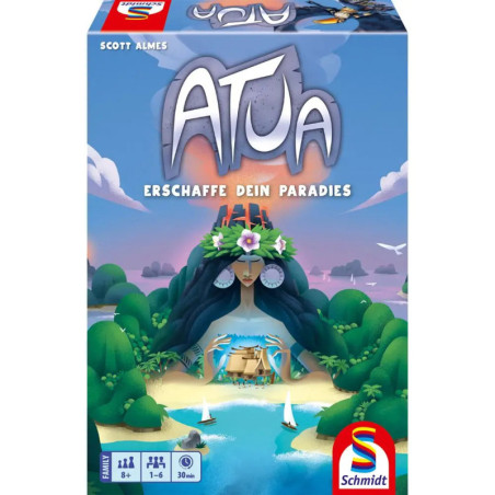 Spielschachtel von Atua mit einer Insel in Gesichtsform, tropischer Landschaft und dem Schmidt-Logo.