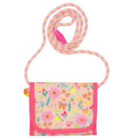 Kleine rosa Geldbörse mit passendem, buntem Band, verziert mit Blumen, Schmetterlingen und Herzen.