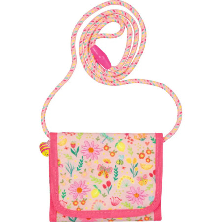 Kleine rosa Geldbörse mit passendem, buntem Band, verziert mit Blumen, Schmetterlingen und Herzen.