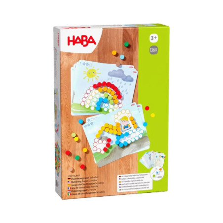 HABA Mosaik-Steckspiel ab 3 Jahren: Bunte Stecker und Musterkarten sind auf der Verpackung abgebildet.
