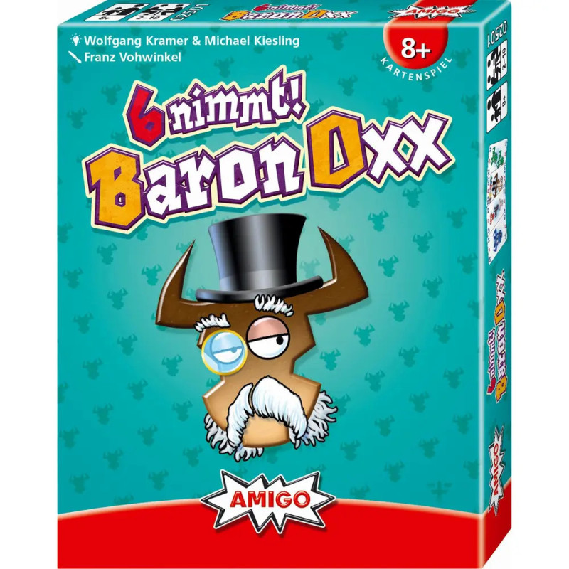 Spielbox 6 nimmt! Baron Oxx mit gezeichnetem Stier, Monokel, Schnurrbart und Zylinder.