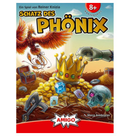 Ein Phönix fliegt über Gold, Edelsteine, eine Krone und einen Schädel auf dem Kartenspielkarton.