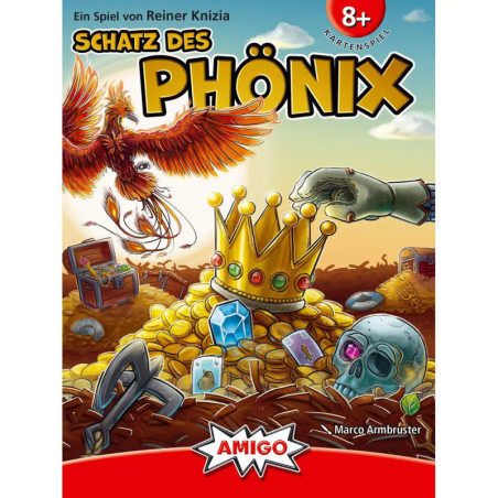 Ein Phönix fliegt über Gold, Edelsteine, eine Krone und einen Schädel auf dem Kartenspielkarton.