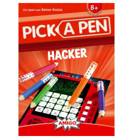 Spielschachtel von Pick a Pen: Hacker mit bunten Stiften und Spielbrett vor rotem Hintergrund.