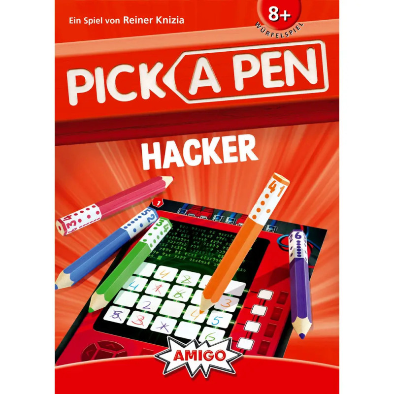 Spielschachtel von Pick a Pen: Hacker mit bunten Stiften und Spielbrett vor rotem Hintergrund. Spielschachtel von Pick a Pen: Hacker mit bunten Stiften und Spielbrett vor rotem Hintergrund.