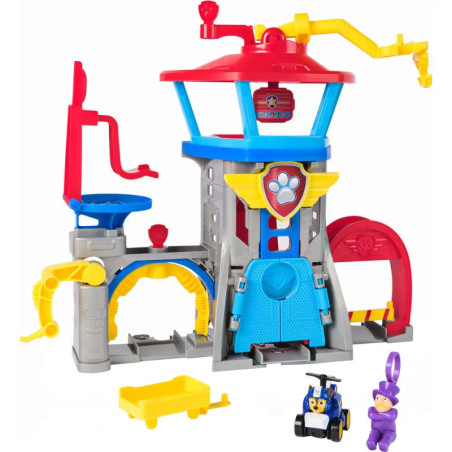 Paw Patrol Hauptquartier-Spielset mit Figuren, Fahrzeug, Rutsche und Zubehör in Rot, Blau und Gelb.