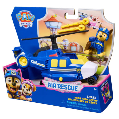 Paw Patrol Air Rescue Chase Helikopter-Spielzeug in blauer Verpackung mit gelben Propellern und Chase-Figur.