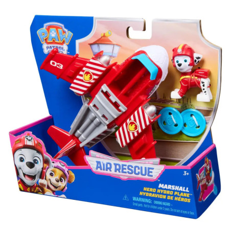PAW Patrol Air Rescue Spielset mit Marshall-Figur, rotem Wasserflugzeug und blauen Abzeichen in der Verpackung.
