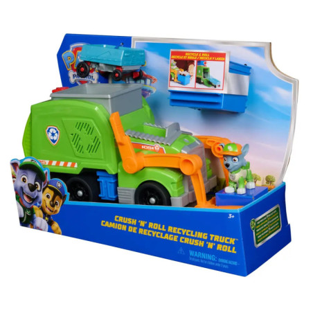 Paw Patrol Recycling Truck mit Rocky-Figur und kleinem blauen Wagen, alles originalverpackt.
