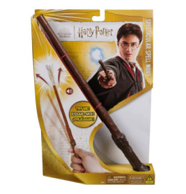 Harry Potter Zauberstab-Spielzeug in Verpackung mit Bild von Harry Potter beim Zaubern.