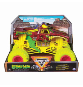 El Toro Loco Monstertruck-Spielzeug mit gelben Rädern in Monster Jam Verpackung, präsentiert vor Stadionkulisse.