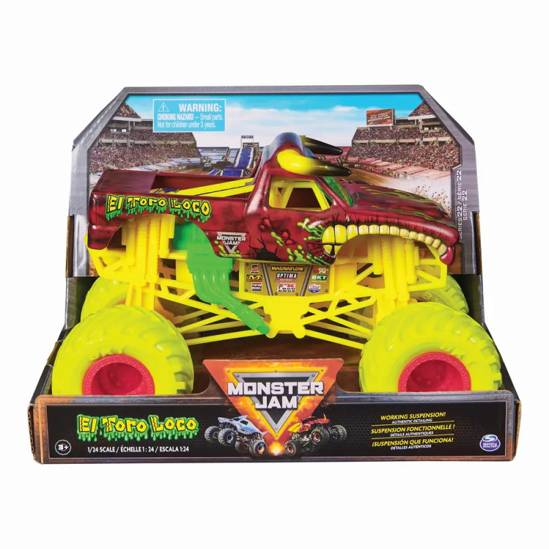 El Toro Loco Monstertruck-Spielzeug mit gelben Rädern in Monster Jam Verpackung, präsentiert vor Stadionkulisse.