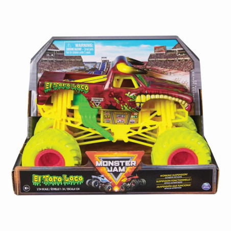 El Toro Loco Monstertruck-Spielzeug mit gelben Rädern in Monster Jam Verpackung, präsentiert vor Stadionkulisse.