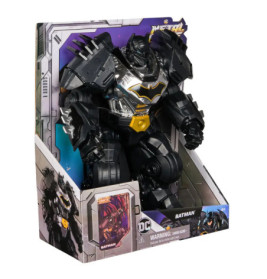 Batman-Figur in schwarzer Rüstung, verpackt in einer DC Comics Metal-Box mit Charaktergrafik.