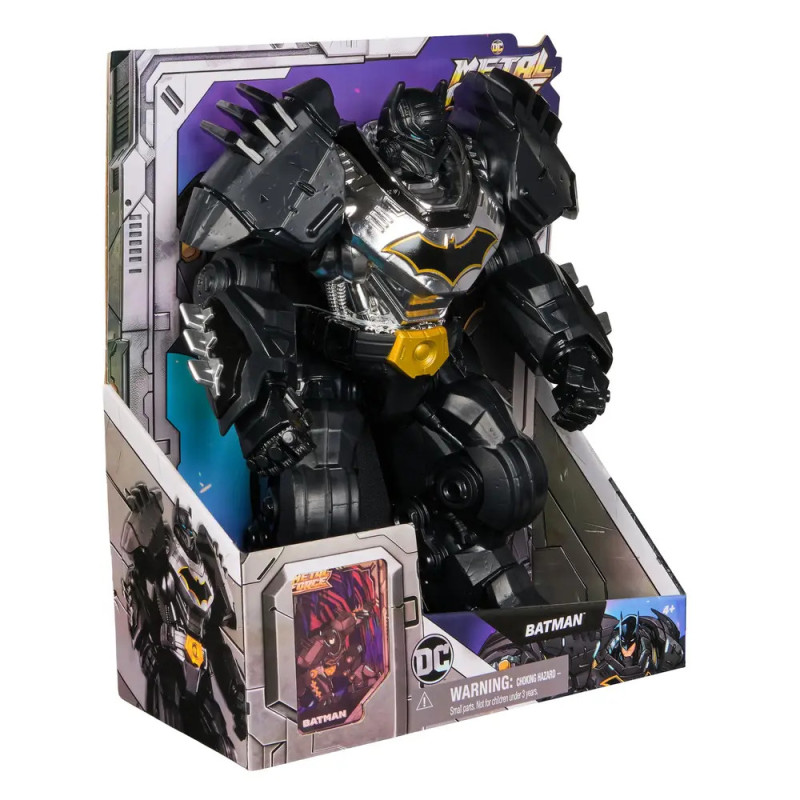 Batman-Figur in schwarzer Rüstung, verpackt in einer DC Comics Metal-Box mit Charaktergrafik. Batman-Figur in schwarzer Rüstung, verpackt in einer DC Comics Metal-Box mit Charaktergrafik.
