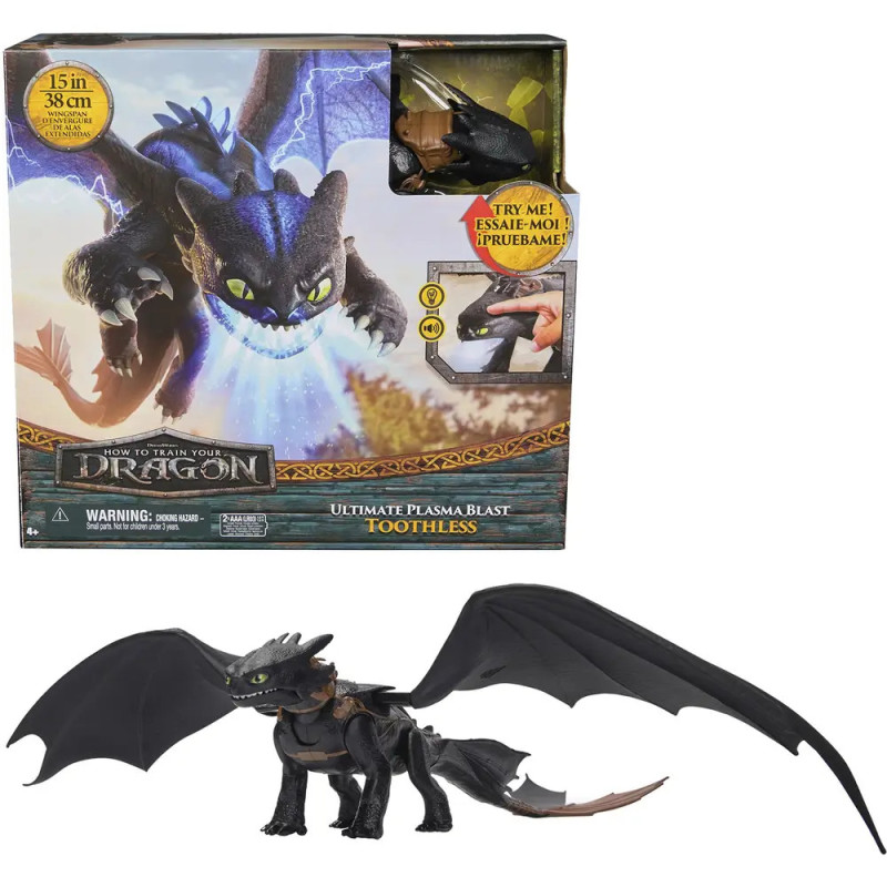 Drachenzähmen leicht gemacht Toothless-Figur mit ausgebreiteten Flügeln unterhalb der Verpackung abgebildet.