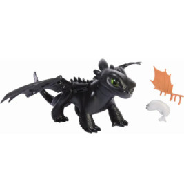 Spielzeug-Drachenfigur mit grünen Augen, schwarzen Flügeln und Zubehör: ein orangefarbener Flügel und weißem Fisch.