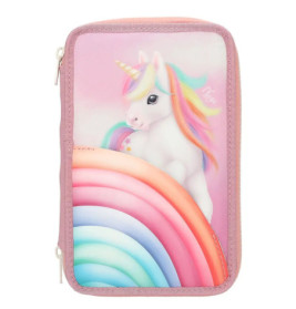 Pastellfarbenes Federmäppchen mit Regenbogen und buntem Einhorn auf rosafarbenem Hintergrund.