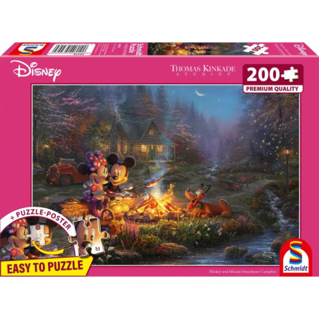 Disney-Puzzle mit 200 Teilen: Mickey, Minnie und Pluto am Lagerfeuer vor einer Hütte bei Nacht auf dem Karton abgebildet.
