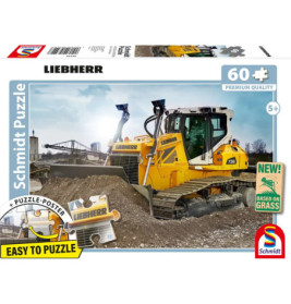 Puzzle mit gelbem Liebherr-Bulldozer auf Baustelle, 60 Teile, geeignet ab 5 Jahren.