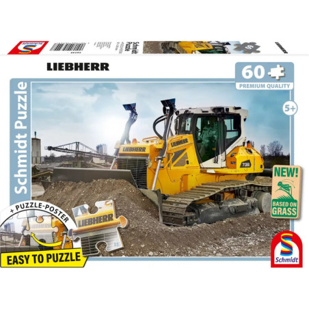 Puzzle mit gelbem Liebherr-Bulldozer auf Baustelle, 60 Teile, geeignet ab 5 Jahren.