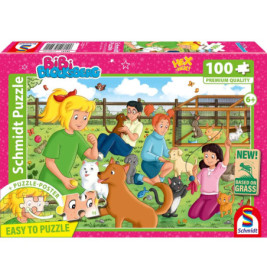 Bunte Puzzlebox mit Kindern und Tieren im Gras, Logo, Titel und Angabe: 100 Teile.