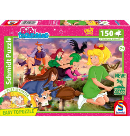 Fünf Hexen auf Besen fliegen über Dächer auf der bunten 150-Teile-Puzzlebox von Bibi Blocksberg.