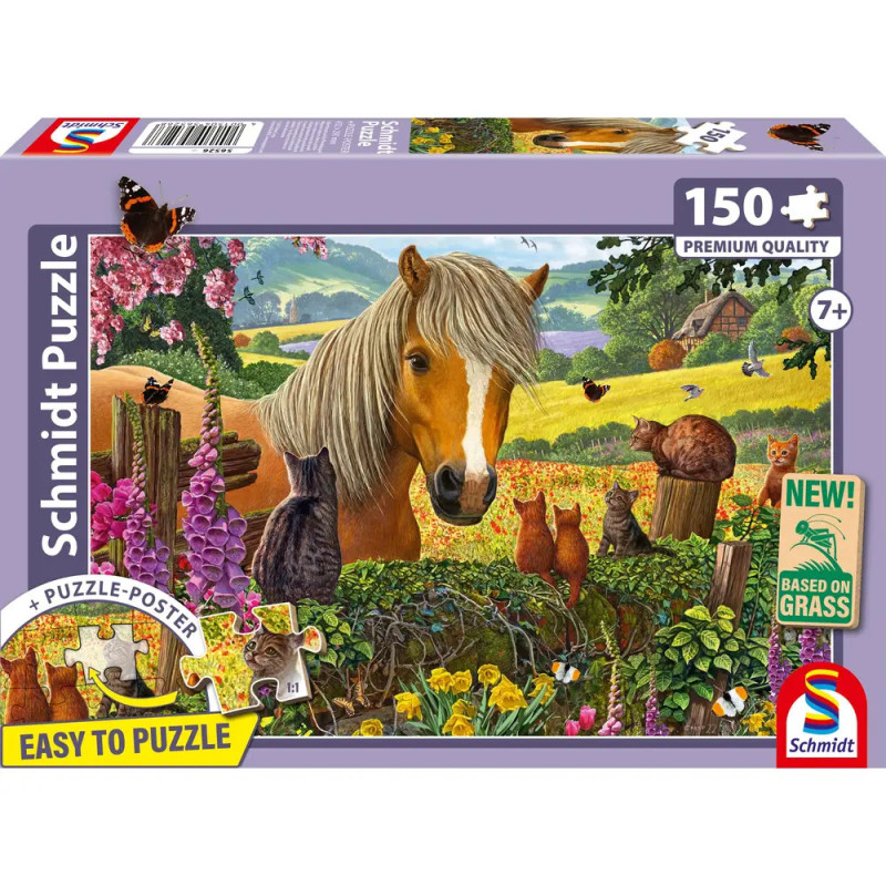 Puzzlebox mit Pferd, Katzen, Schmetterlingen und Blumen in bunter Landschaft 150 Teile.