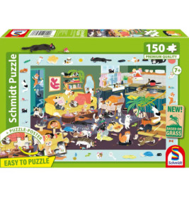 Schmidt Puzzle, 150 Teile: Auf der Schachtel ist ein belebtes Zimmer mit vielen Katzen und Haushaltsgegenständen abgebildet.