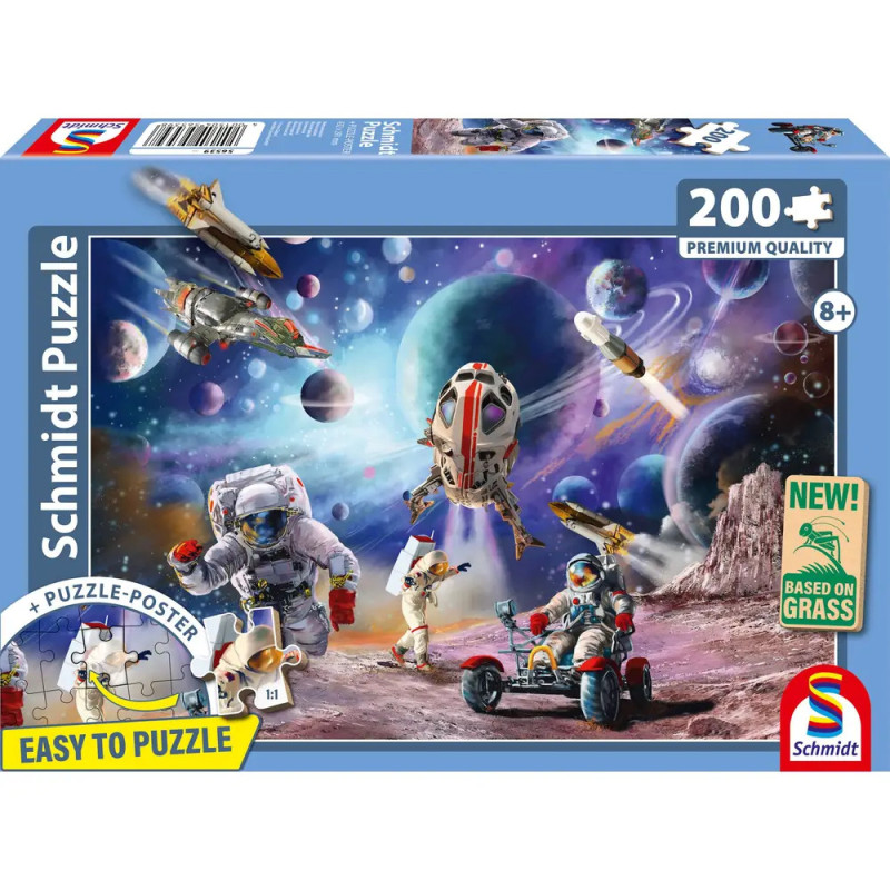 Schmidt Puzzle, 200 Teile: Astronauten und Raumschiffe vor farbenfrohem Alien-Planeten auf der Verpackung.
