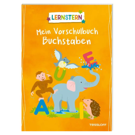 Buntes Buchcover mit Tieren, Buchstaben und dem Titel Mein Vorschulbuch Buchstaben auf orangem Hintergrund.