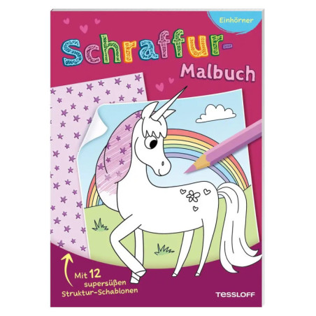 Farbiges deutsches Kratzbuchcover mit Einhorn, Regenbogen und gemusterten Schablonenblättern.