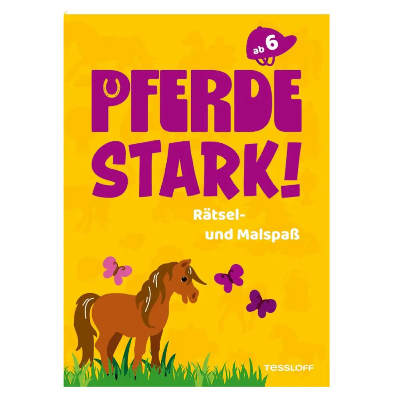 Helles Buchcover mit Pferde Stark!-Schrift, Pferd, Gras und lila Schmetterlingen auf gelbem Hintergrund.